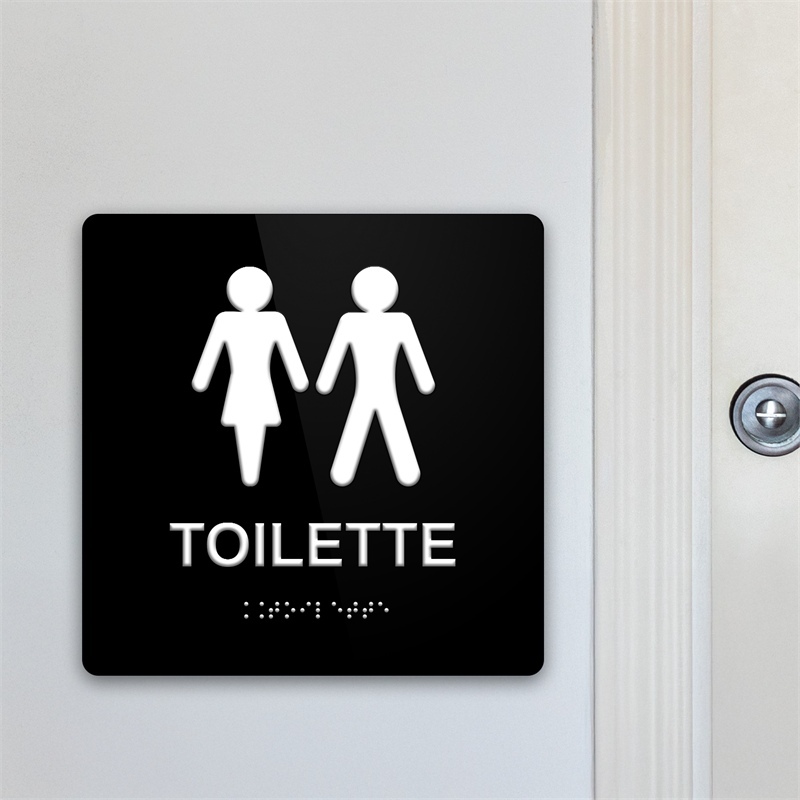 Targa TOILETTE in Plexiglass Nero con testo in Braille e stampa in rilievo