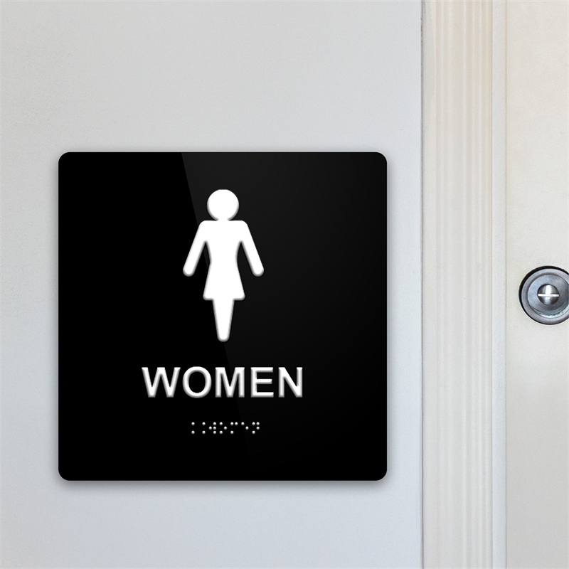 Targa WOMEN TOILETTE in Plexiglass Nero con testo in Braille e stampa in rilievo