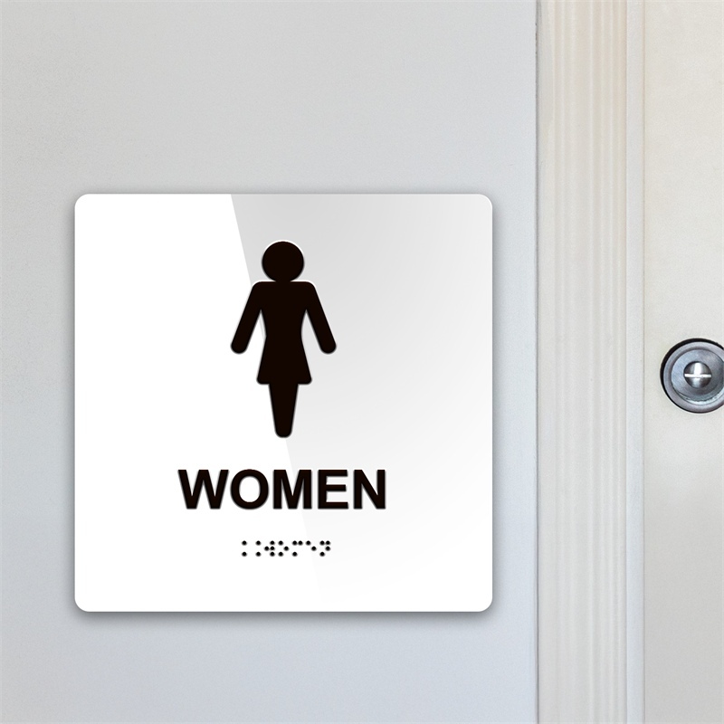Targa WOMEN TOILETTE in Plexiglass Bianco con testo in Braille e stampa in rilievo