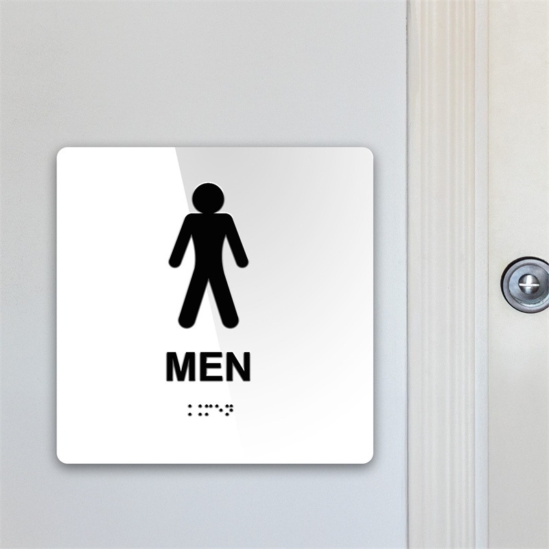 Targa MEN TOILETTE in Plexiglass Bianco con testo in Braille e stampa in rilievo