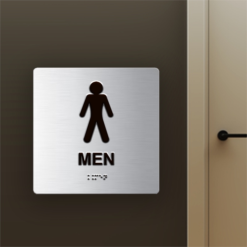 Targa MEN TOILETTE in Dibond alluminio spazzolato con testo in Braille e stampa in rilievo