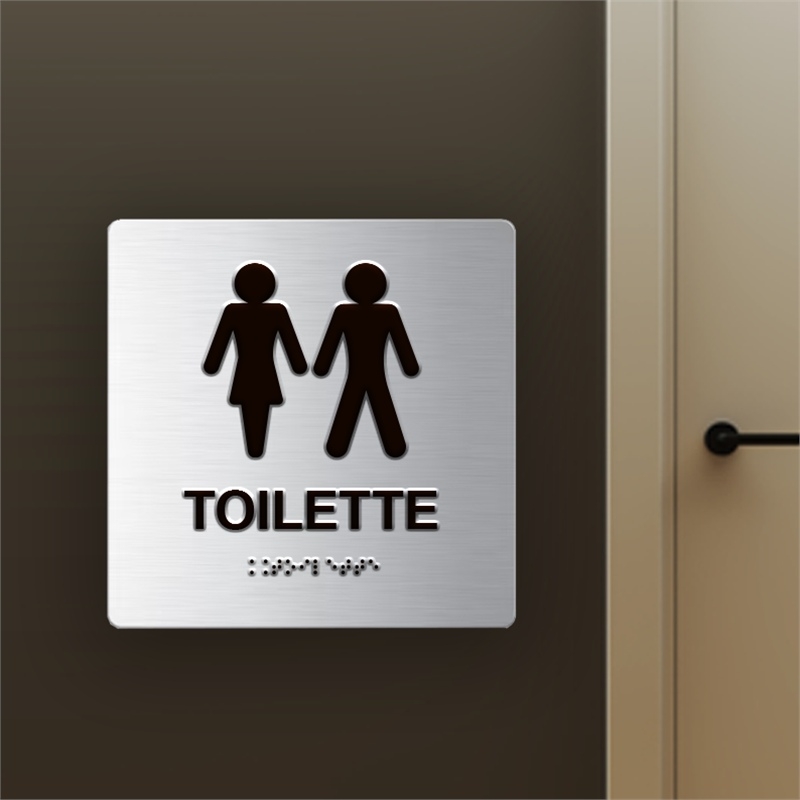 Targa TOILETTE in Dibond alluminio spazzolato con testo in Braille e stampa in rilievo