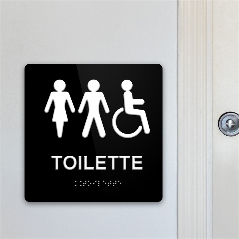 Targa TOILETTE GENERALE in Plexiglass Nero con testo in Braille e stampa in rilievo