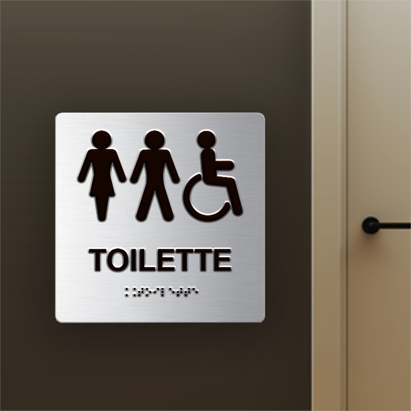 Targa TOILETTE GENERALE in Dibond alluminio spazzolato con testo in Braille e stampa in rilievo