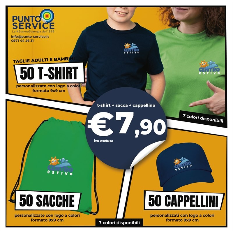PROMOKIT - 50 T-Shirt + 50 Sacche + Cappellini Personalizzati per Centri Estivi, Oratori, Grest, Campi Scuola e Associazioni