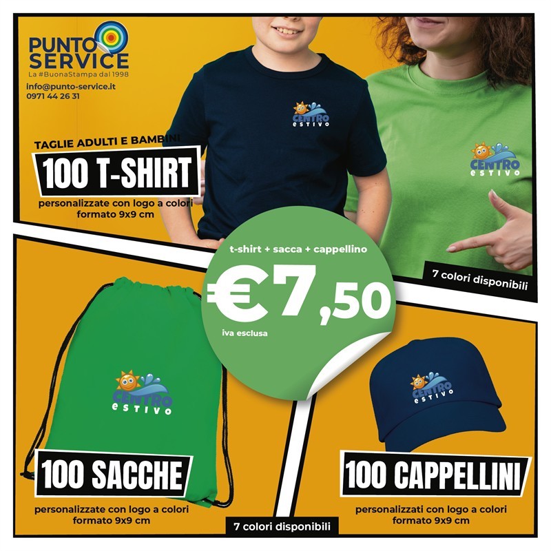 PROMOKIT - 100 T-Shirt + 100 Sacche + 100 Cappellini Personalizzati per Centri Estivi, Oratori, Grest, Campi Scuola e Associazio
