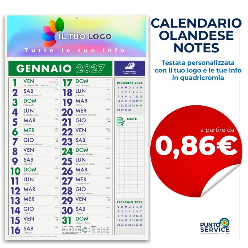 Calendario Olandese Notes personalizzato